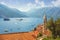 Beautiful Mediterranean landscape. Montenegro, Kotor Bay. View of Perast town. Bell tower of Church of Our Lady of Rosary