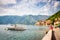 Beautiful mediterranean landscape. Mountains and fishing boats near town Perast, Kotor bay Boka Kotorska, Montenegro