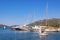 Beautiful  Mediterranean landscape. Sailboats and fishing boats on water. Montenegro. View of Kotor Bay