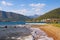 Beautiful Mediterranean landscape on a sunny spring day. Montenegro, Adriatic Sea, view of Bay of Kotor near Tivat city