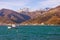 Beautiful Mediterranean landscape on sunny winter day. Montenegro, Adriatic Sea. View of Bay of Kotor near Tivat city