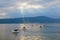 Beautiful Mediterranean landscape at sunset. Mooring buoys. Mooring in the port of Tivat city. Montenegro