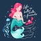 Beautiful mermaid on a dark background. Cute Mermaid with jellyfish and crab. Fashion illustration drawing in modern style