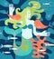 Beautiful mermaid with fish friends swimming among coral. Unique retro style illustration.