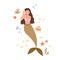 Beautiful mermaid with long hair and fish tail listening to music with seashell. Cute underwater fairy princess in shell