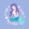 Beautiful mermaid on purple background for kids fashion artworks, children books. Fashion illustration drawing in modern style.