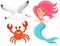 Beautiful mermaid, red crab and seagull live by sea. Pretty girl with fish tail and long pink hair