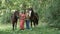 Beautiful middle aged couple standing with horses on green meadow