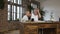 Beautiful middle years woman in glasses sitting at wood desk working with paper documents when her little lovely