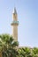 A beautiful minaret with palm trees in the foreground against a clear blue sky. Vertical