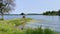 Beautiful Minnesota lake scene with a motor boat on a sunny day