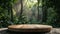 A beautiful mockup setting featuring a round wooden table in a sun-drenched forest, ideal for product and nature-themed