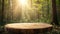 A beautiful mockup setting featuring a round wooden table in a sun-drenched forest, ideal for product and nature-themed