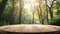 A beautiful mockup setting featuring a round wooden table in a sun-drenched forest, ideal for product and nature-themed