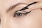 Beautiful model applying eyeliner closeup on eye