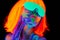 Beautiful model woman in wig and glasses with colorful bright fluorescent makeup in neon light, nightclub disco