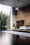 Beautiful modern house architecture with concrete and wood walls, water around, in the middle of nature. Generative Ai