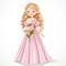 Beautiful modest princess in a pink dress and long hair admires a white rose