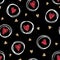 Beautiful monochrome gold, red, black and white seamless pattern with doodling sketch heart.