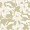 Beautiful monochrome, light green outline seamless pattern with lilies and leaves.