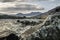 Beautiful moody landscape of Llynnau Mymbyr with Snowdon peak in distance in Winter