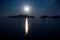 Beautiful moonlit path at night on the sea. Calm sea. Bright moon.