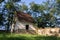 Beautiful morgue at abandoned Jewish cemetery with trees in background, Czech republic, sunny summer day, clear sky