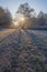 Beautiful morning with frost on plants. Autumnal landscape.