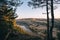 Beautiful morning landscape, first sun rays appears over mountains and river valley, Usva, Ural mountains.