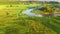 Beautiful morning landscape over meadow and river. The nature of the Belarus. Aerial photography