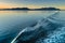 Beautiful morning light and water ripples from ship`s wake, Alaska, USA.