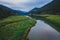 Beautiful morning panorama over Wiestalstausee with visible blue cold water and murky green patches of water