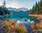 Beautiful morning scene of Eibsee lake with Zugspitze mountain range on background. Colorful autumn view of Bavarian Alps, Germany