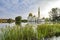 Beautiful morning scenery of As-Salam Mosque located in Selangor, Malaysia with reflecton on the lake.