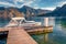 Beautiful morning view of Traunsee lake with Traunstein peak on background.