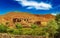 Beautiful moroccan landscape, typical idyllic small clay house village, Central Atlas mountains, Gorges du Dades, Morocco