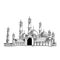 The beautiful Mosque. Ramadan  prayers kneel  Eid Mubarak concept sketch greeting card template. Hand drawn vector illustration