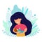 Beautiful mother breastfeeds her baby child holding him in hands. Breastfeeding illustration. Mother feeds a baby on