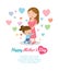 Beautiful mother with her daughter. Card of Happy Mothers Day. Vector illustration with beautiful women and child, happy mothers d