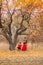 Beautiful mother in a long dress is swinging on a hinged swing little daughter in a red coat in an autumn garden near an old gnarl