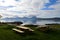 Beautiful mountain and fjord landscape with wooden park benches