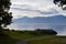 Beautiful mountain and fjord landscape with wooden park benches