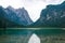 Beautiful mountain lake with Alpine mountains on background. Toblacher See, Italian: Lago di Dobbiaco a lake in South Tyrol,