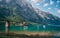 Beautiful mountain lake natural reservoir with overflow structure swiss alps klontalersee