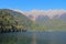 Beautiful mountain Lake Ritsa, Abkhazia, Georgia, surrounded by mixed mountain forests and subalpine meadows