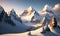 Beautiful! Mountain landscape. Beautiful snow-capped mountains, the sun behind the clouds, flying eagles