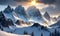 Beautiful! Mountain landscape. Beautiful snow-capped mountains, the sun behind the clouds, flying eagles