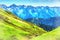 Beautiful mountain landscape at Caucasus mountains colorful painting looks like picture.