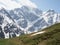 Beautiful mountain landscape of Caucasus. View of glacier named Seven. View of mountains Donguz - Orun, Nakra. Landscape with snow