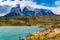 Beautiful mountain landscape with the Cuernos del Paine mountains and mountain Lake Pehoe